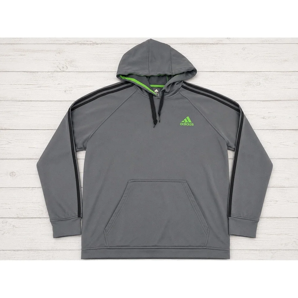 Adidas Hoodie 3-Stripe Fleece Pullover Gray Neon Green Mens XL